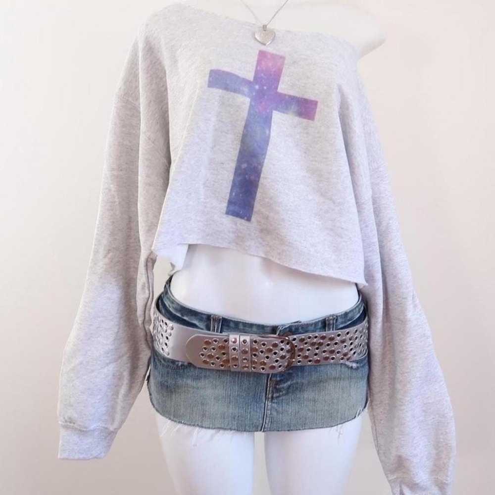2010s galaxy cross cropped sweatshirt one shoulder grunge L